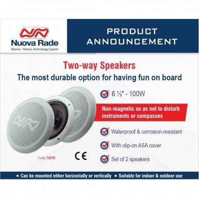 Two-way Speakers, 100W, 6 1/2'', Non-magnetic,w/Clip-on Cover, White, Set 2