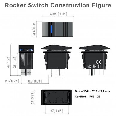 Marine 2 Position Rocker Switch (ON)-OFF, SPST, Waterproof, 3PIN, 1 Blue Led, DC12V@20A, DC24V@10A 1