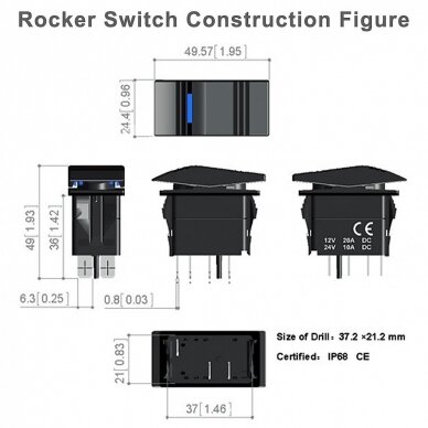 Jungiklis Rocker Switch (ON)-OF su LED (white), 12v 20A, 24v 10A 2