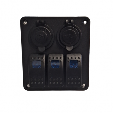 Panelė aliuminio 12/24V su jungikliais x3, USB 5V, 2,4Ax2 ir 12/24v lizdu-rozete, IP68 2