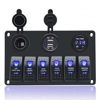 Panelė aliuminio su jungikliais x5, USB 4,8Ax2, 12v lizdu-rozete ir voltmetru