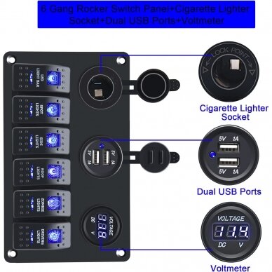 Panelė aliuminio su jungikliais x5, USB 4,8Ax2, 12v lizdu-rozete ir voltmetru 1