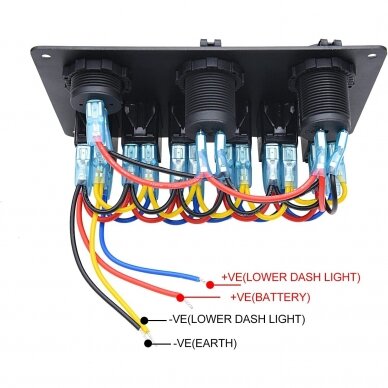 Panelė aliuminio su jungikliais x5, USB 4,8Ax2, 12v lizdu-rozete ir voltmetru 2