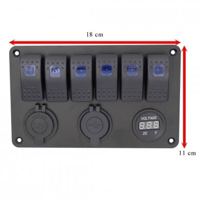 Panelė aliuminio su jungikliais x5, USB 4,8Ax2, 12v lizdu-rozete ir voltmetru 3